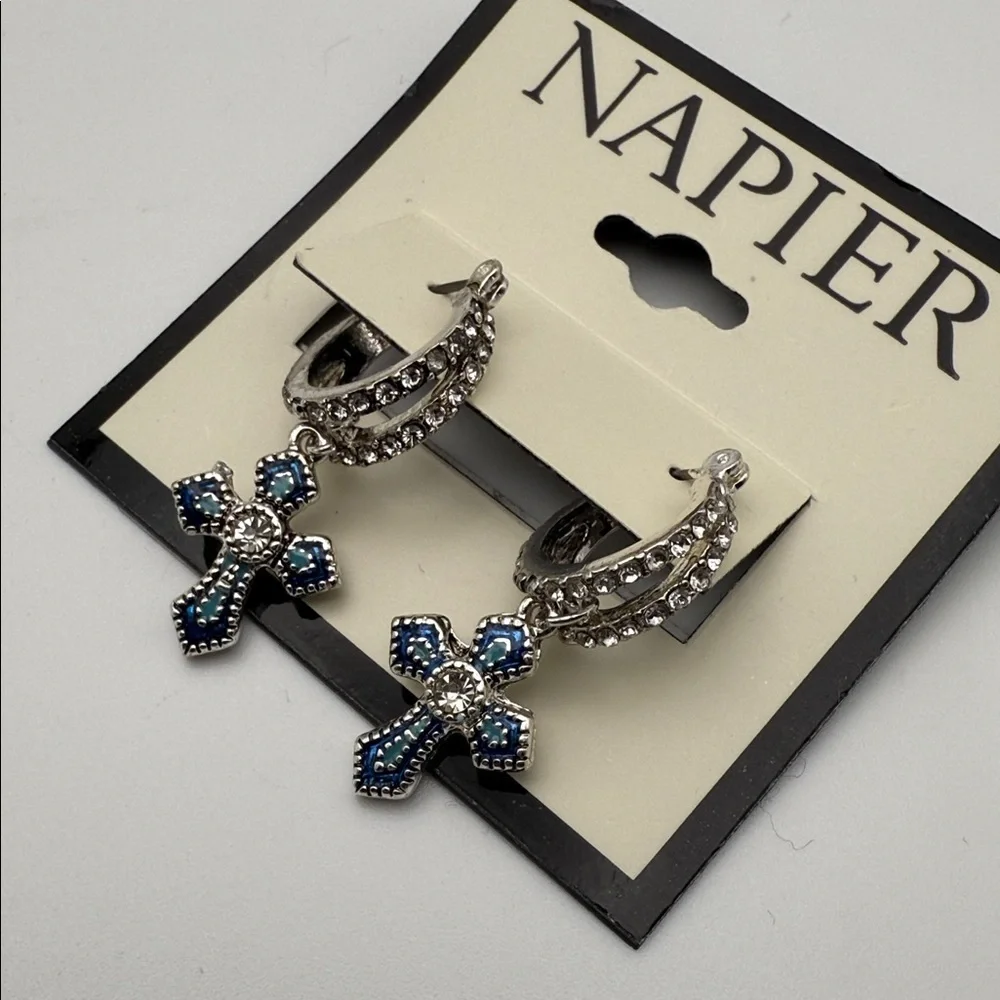 NWT Napier Silver and Blue Cross Dangle Earrings